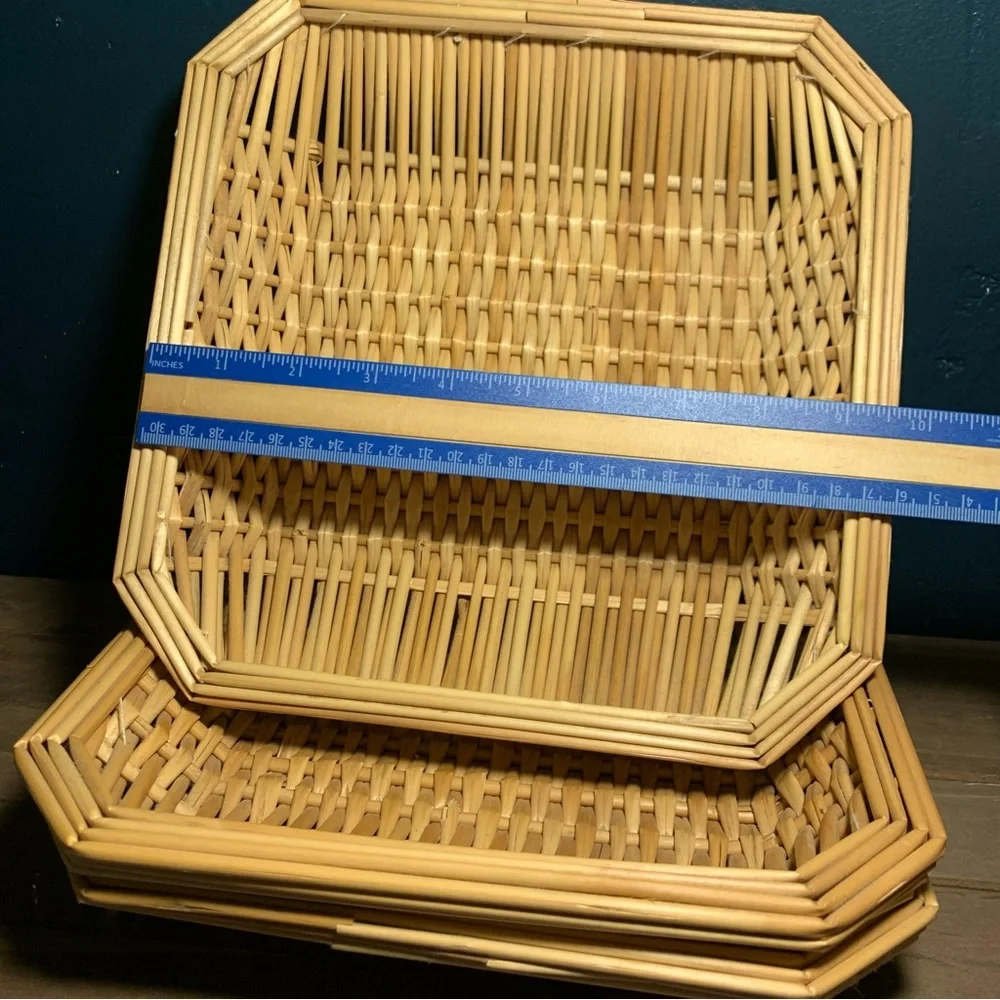 Set 3 Vintage Square Basket Trays Table  Wall Hanging Bread Woven Sewn Wicker